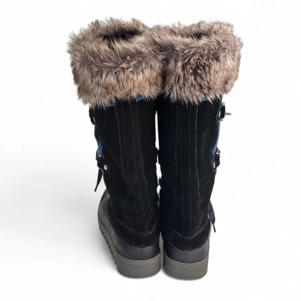 Baretraps Women's Black Winter Boots W/Faux Fur & Blue Trim 